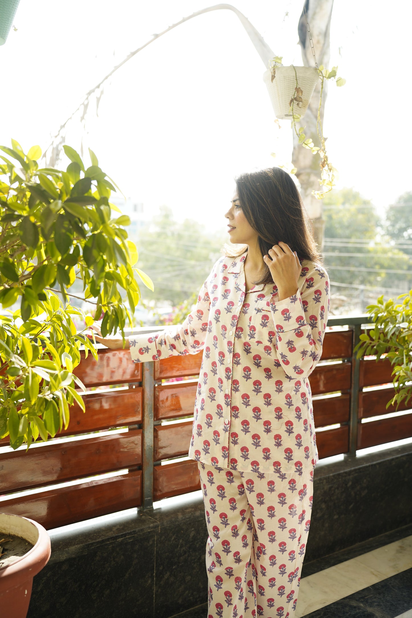 Printed Cotton Lapel Collar Lounge Set