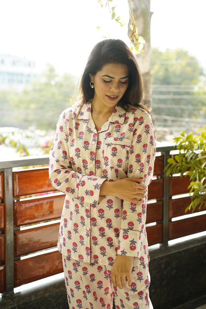 Printed Cotton Lapel Collar Lounge Set