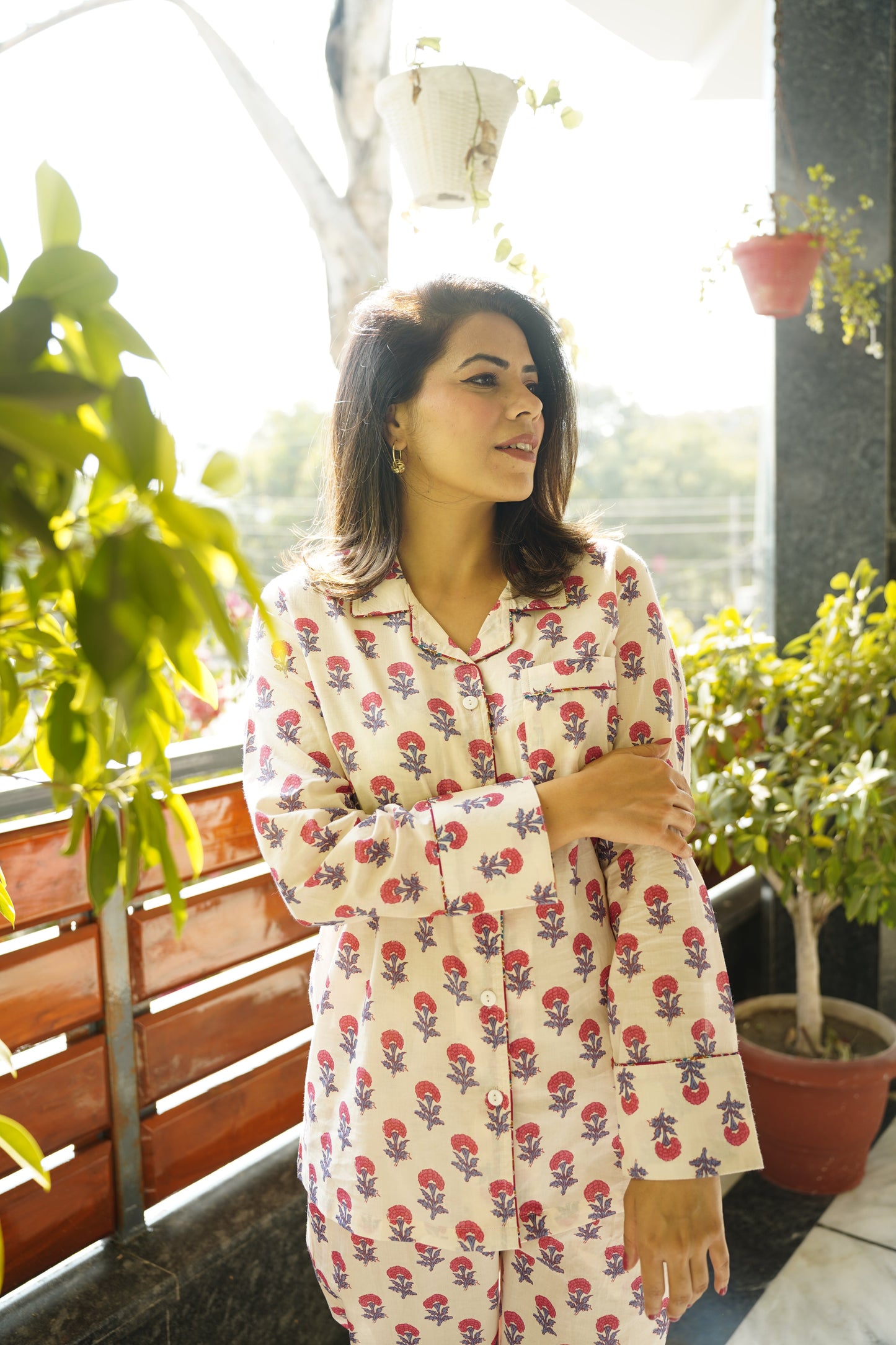 Printed Cotton Lapel Collar Lounge Set