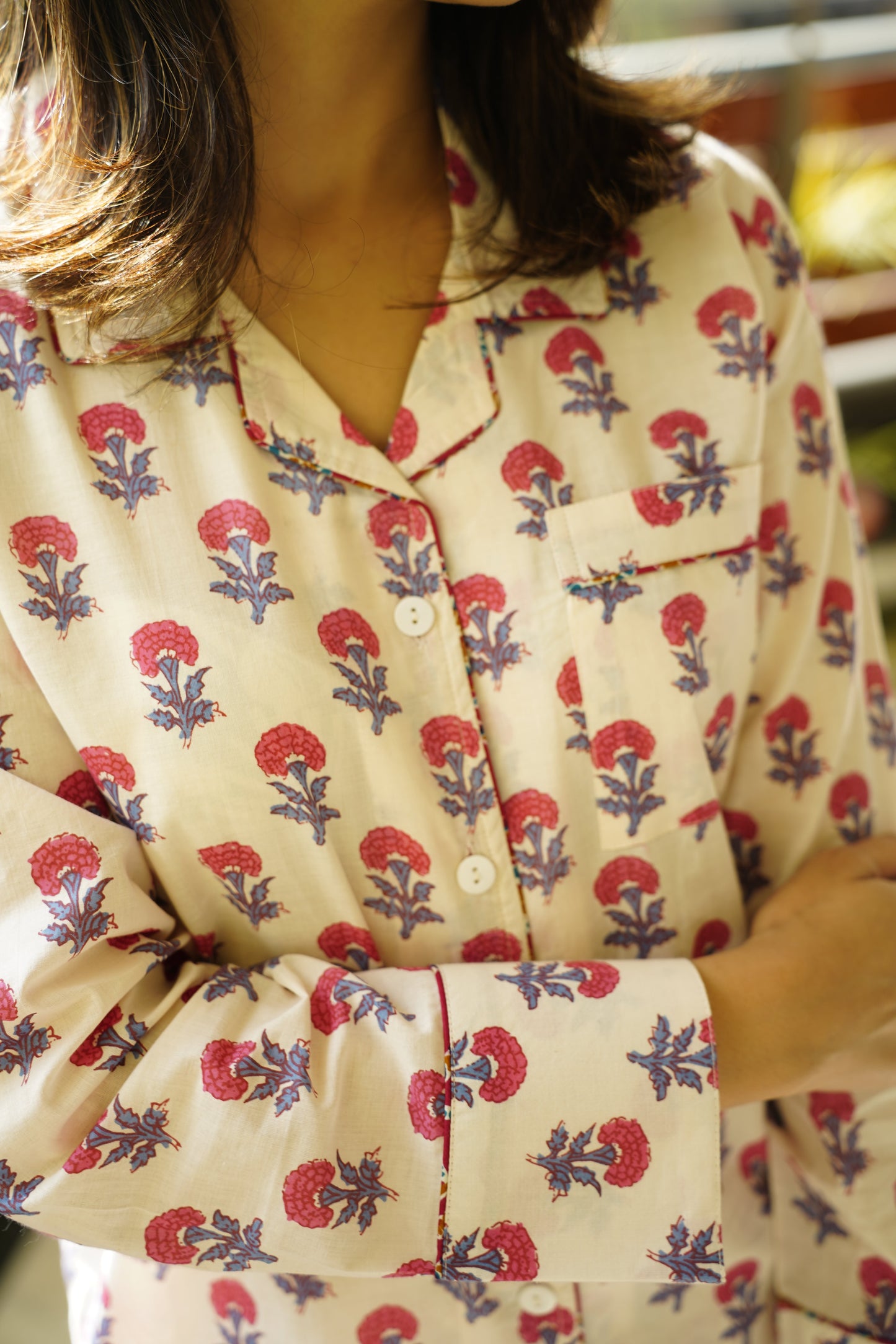 Printed Cotton Lapel Collar Lounge Set