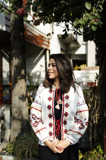 White Full Sleeves Embroidered Jacket