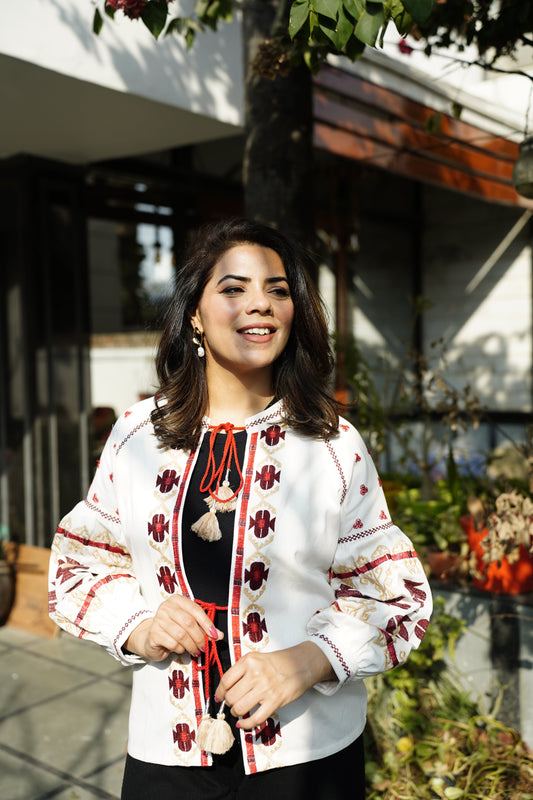 White Full Sleeves Embroidered Jacket