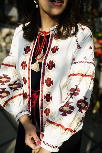 White Full Sleeves Embroidered Jacket