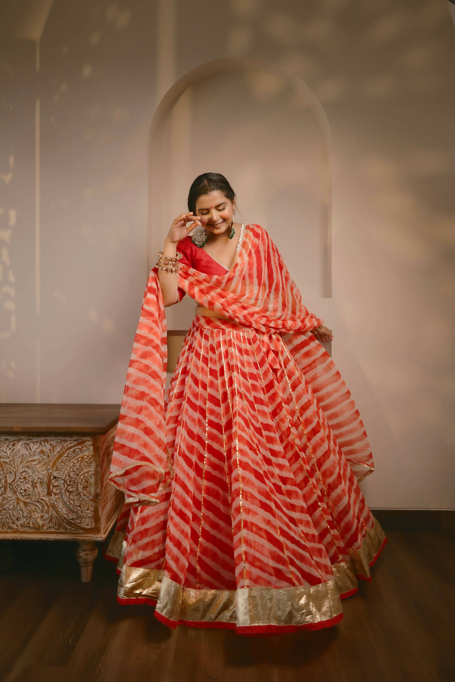 Red Shloka Leheriya Lehenga