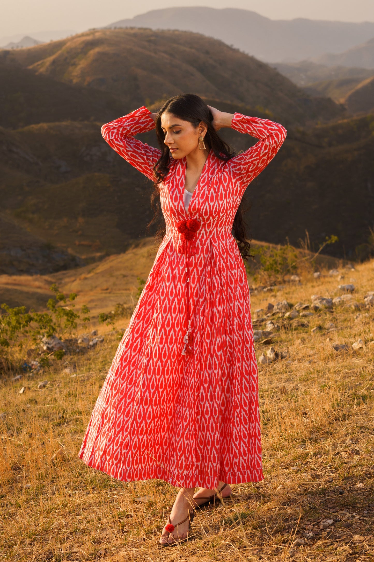 Afreen Red Ikkat Cotton Maxi Dress