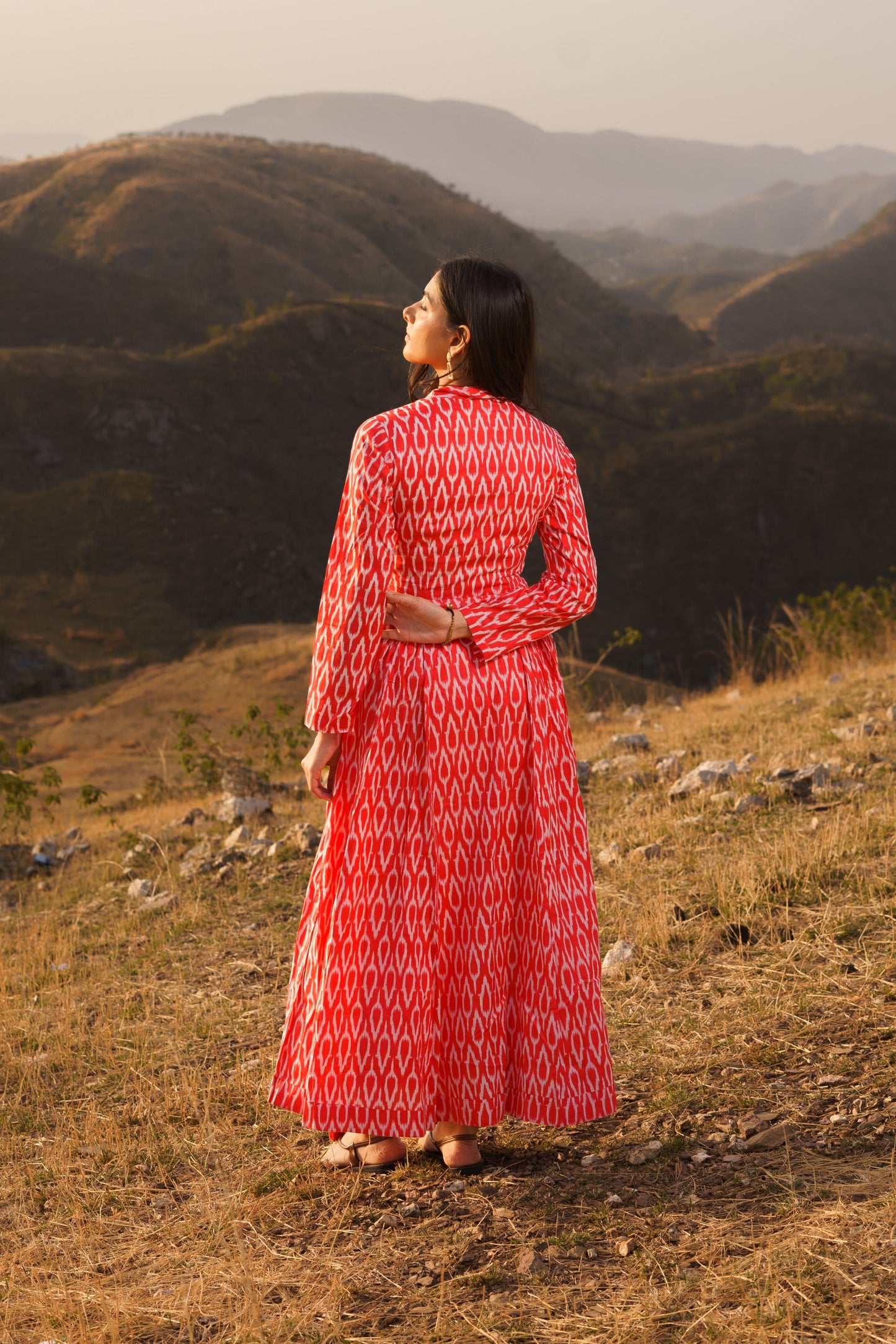 Afreen Red Ikkat Cotton Maxi Dress
