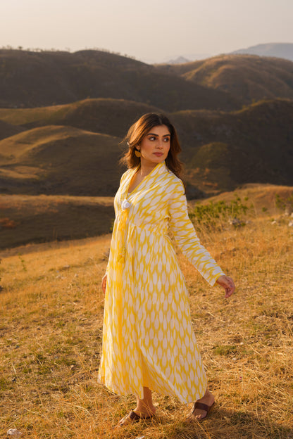 Afreen Yellow Ikkat Cotton Maxi Dress