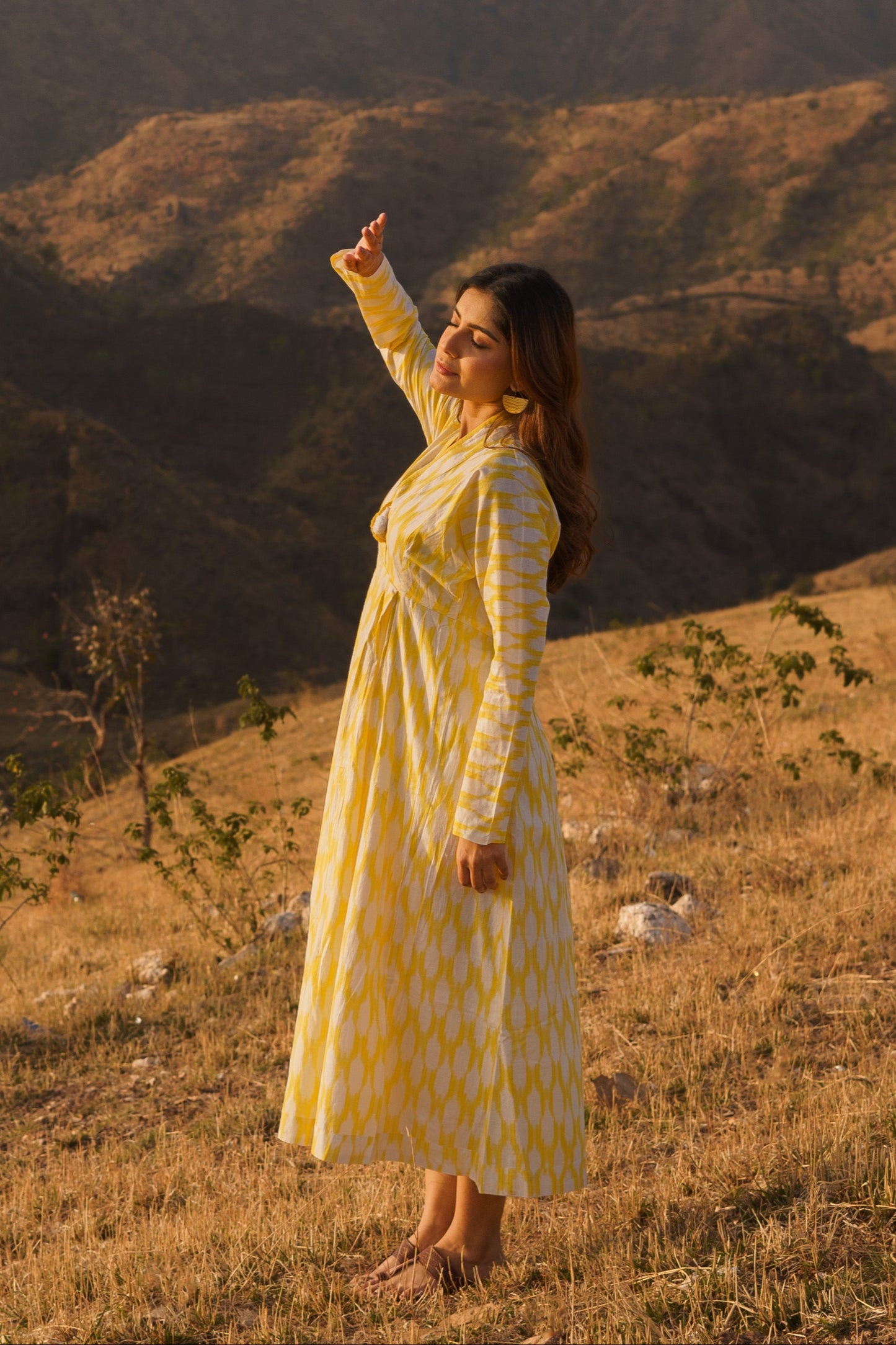Afreen Yellow Ikkat Cotton Maxi Dress