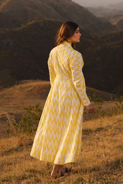 Afreen Yellow Ikkat Cotton Maxi Dress