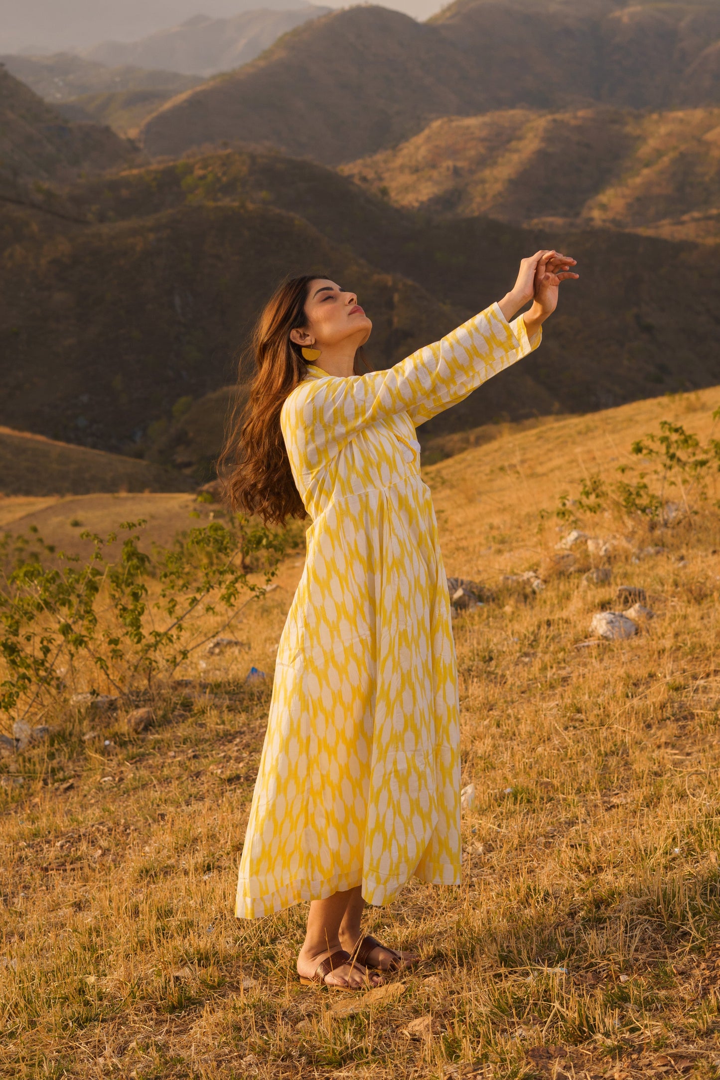 Afreen Yellow Ikkat Cotton Maxi Dress