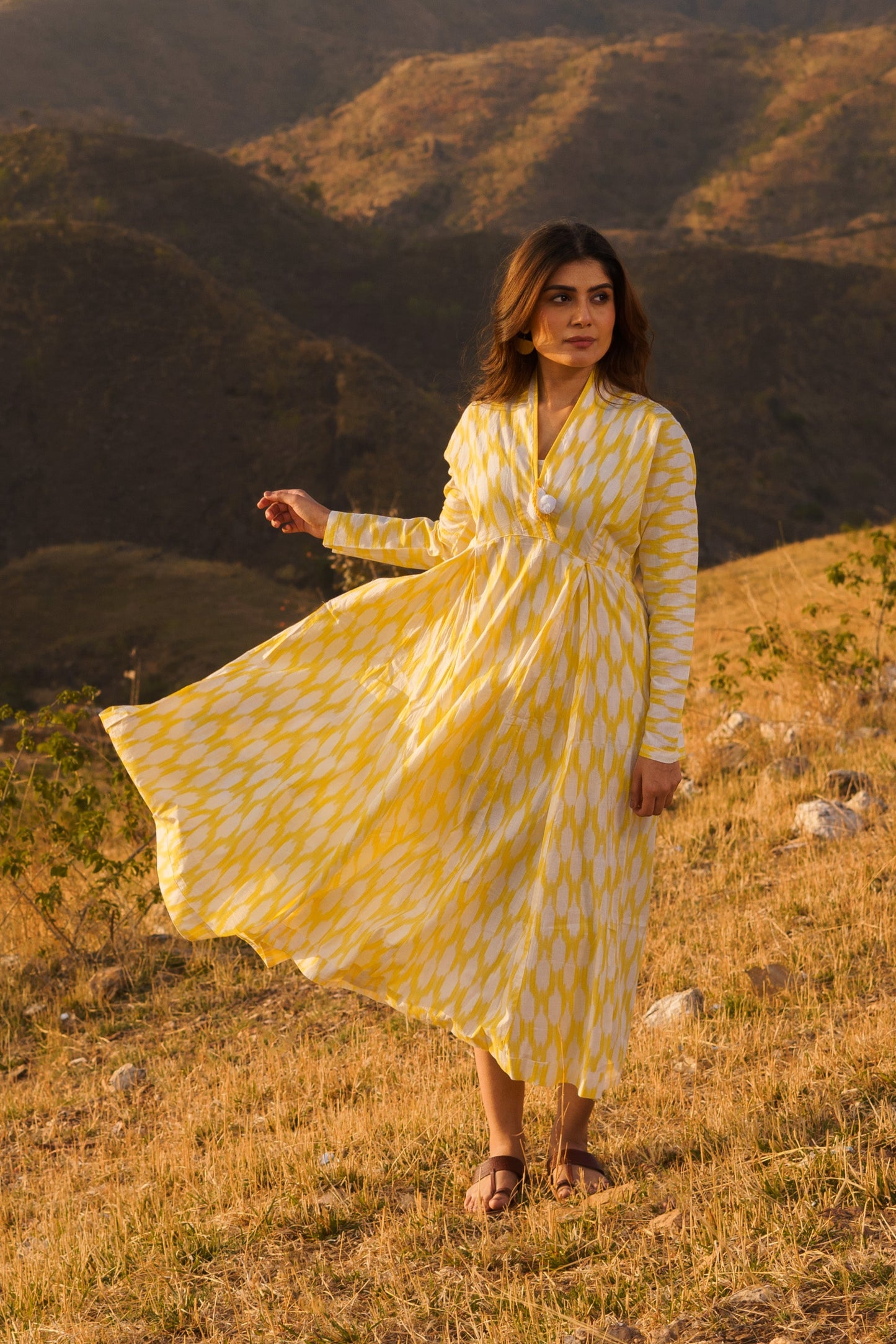 Afreen Yellow Ikkat Cotton Maxi Dress