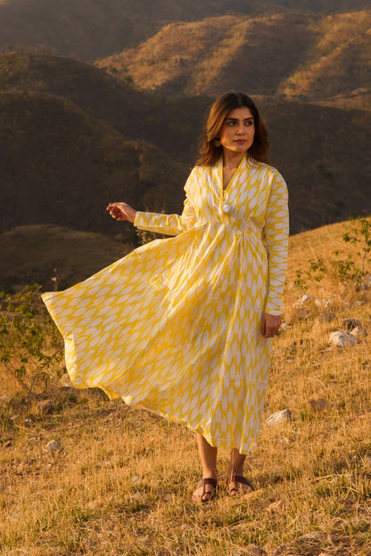 Afreen Yellow Ikkat Cotton Maxi Dress