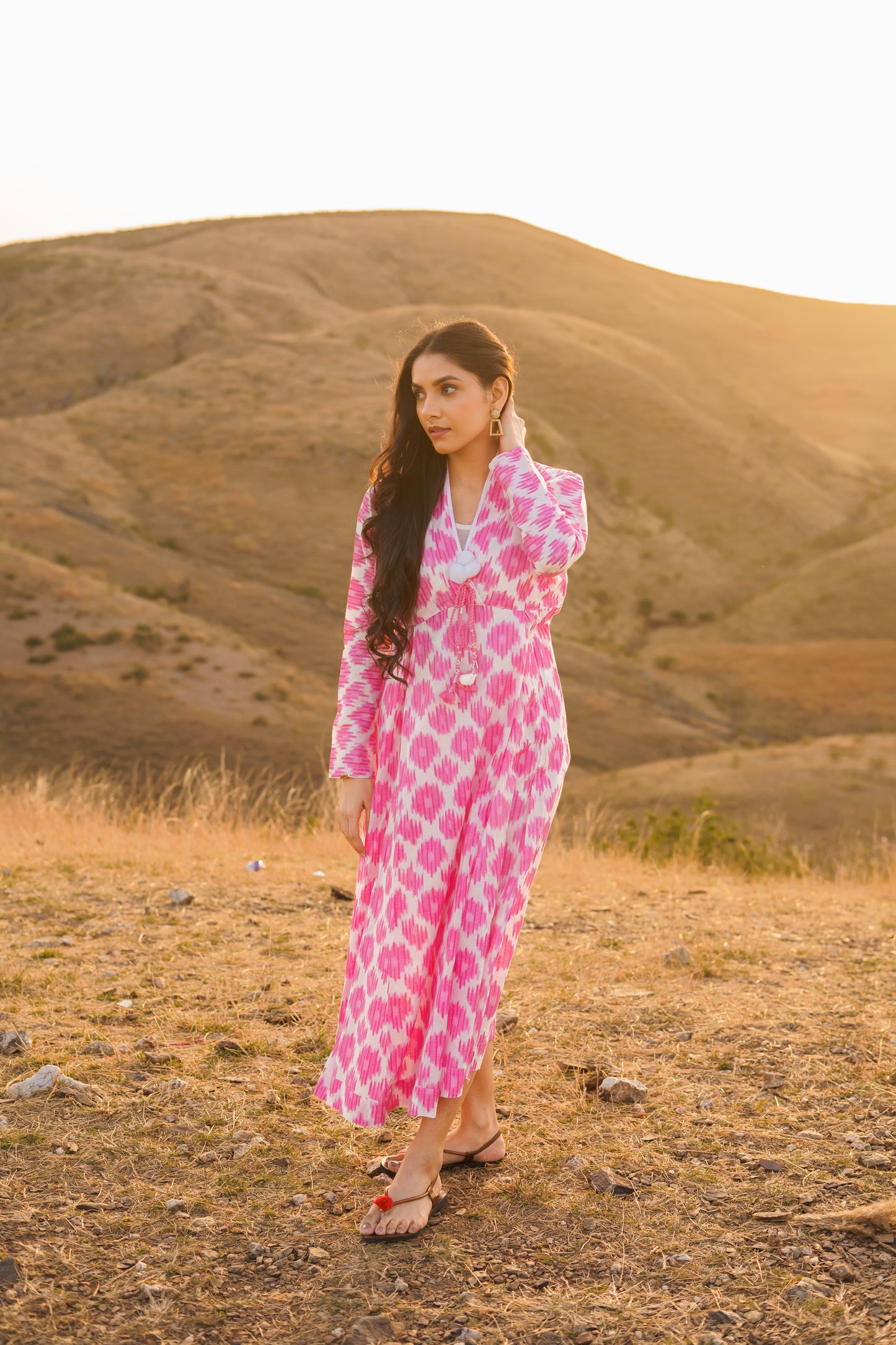 Afreen Pink Ikkat Print Cotton Maxi Dress