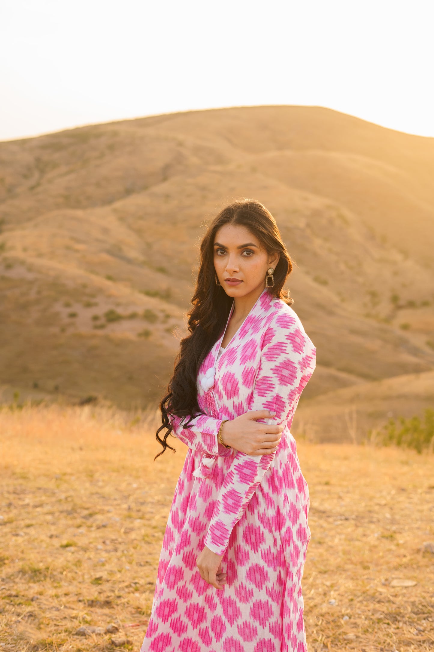 Afreen Pink Ikkat Print Cotton Maxi Dress