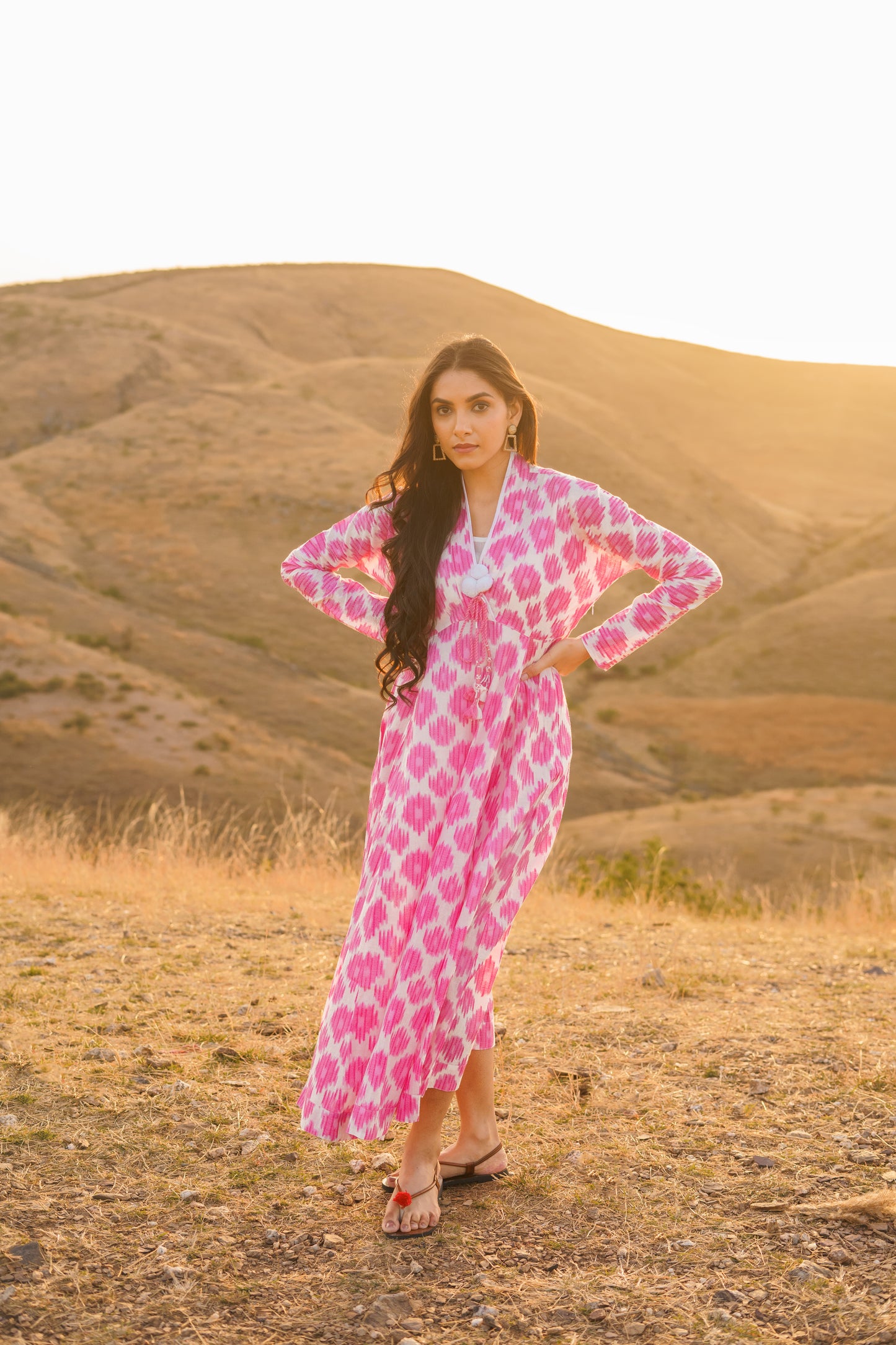 Afreen Pink Ikkat Print Cotton Maxi Dress