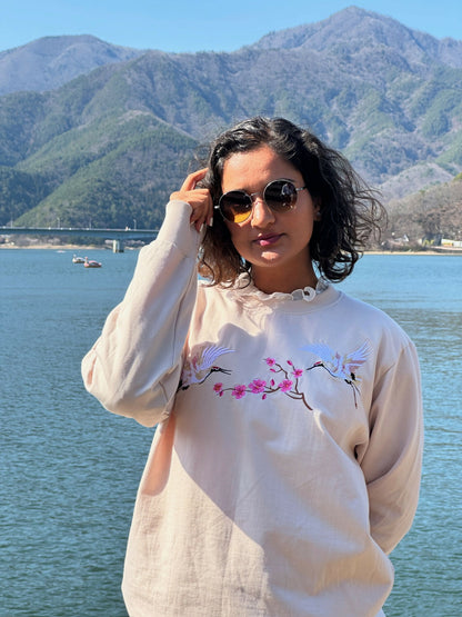 Crown Crane Beige Embroidered Sweatshirt