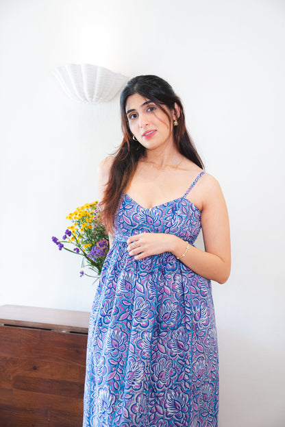 Blue & Purple Floral Cotton Maxi Dress with a Pocket