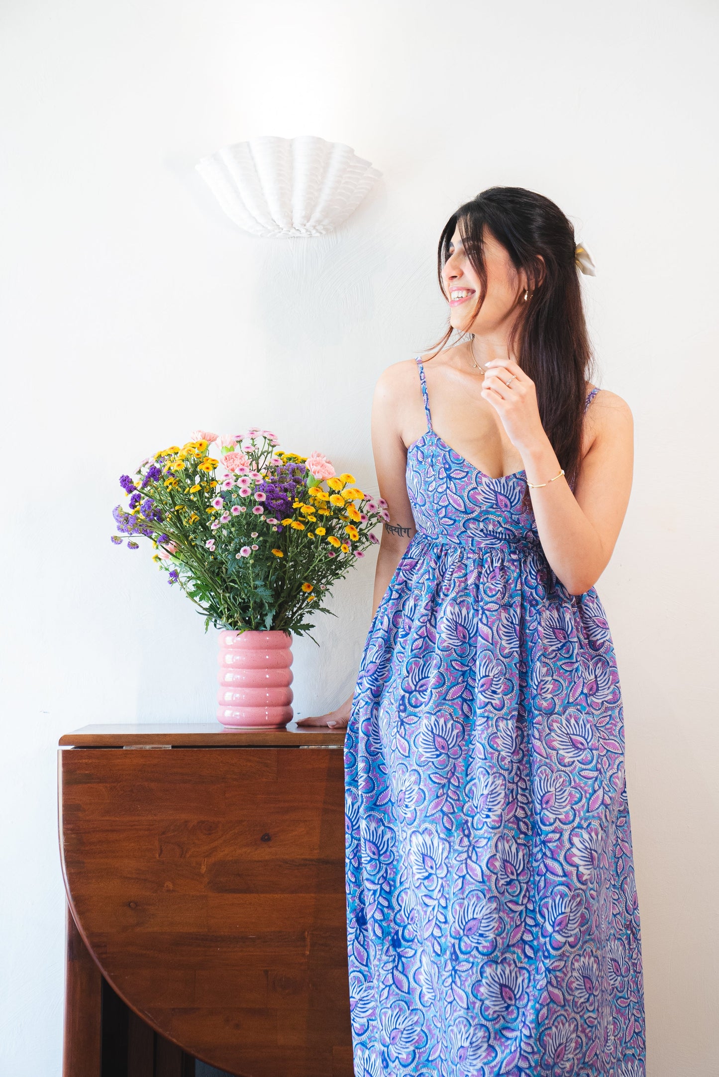 Blue & Purple Floral Cotton Maxi Dress with a Pocket