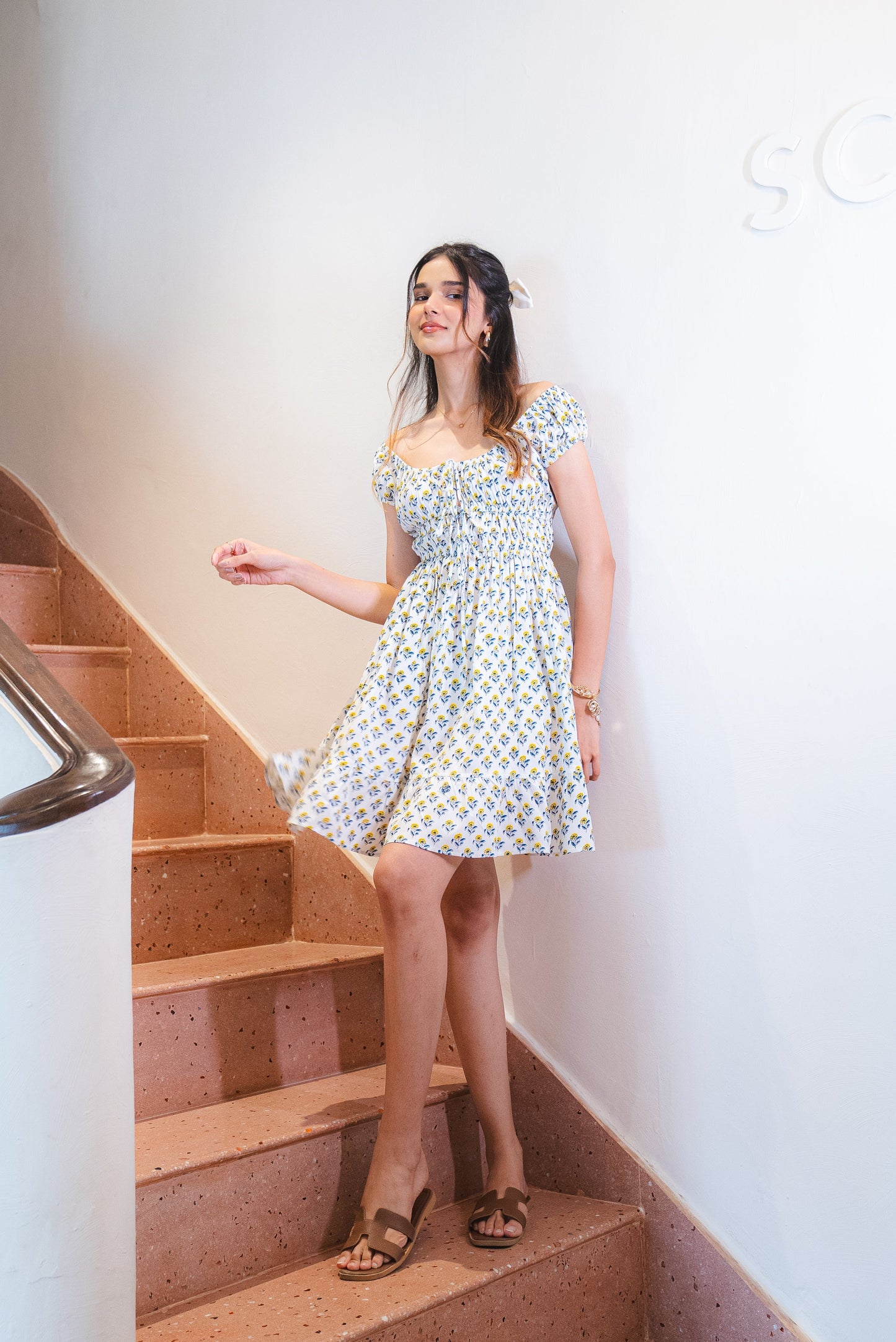 White and Yellow Floral Flowy Dress