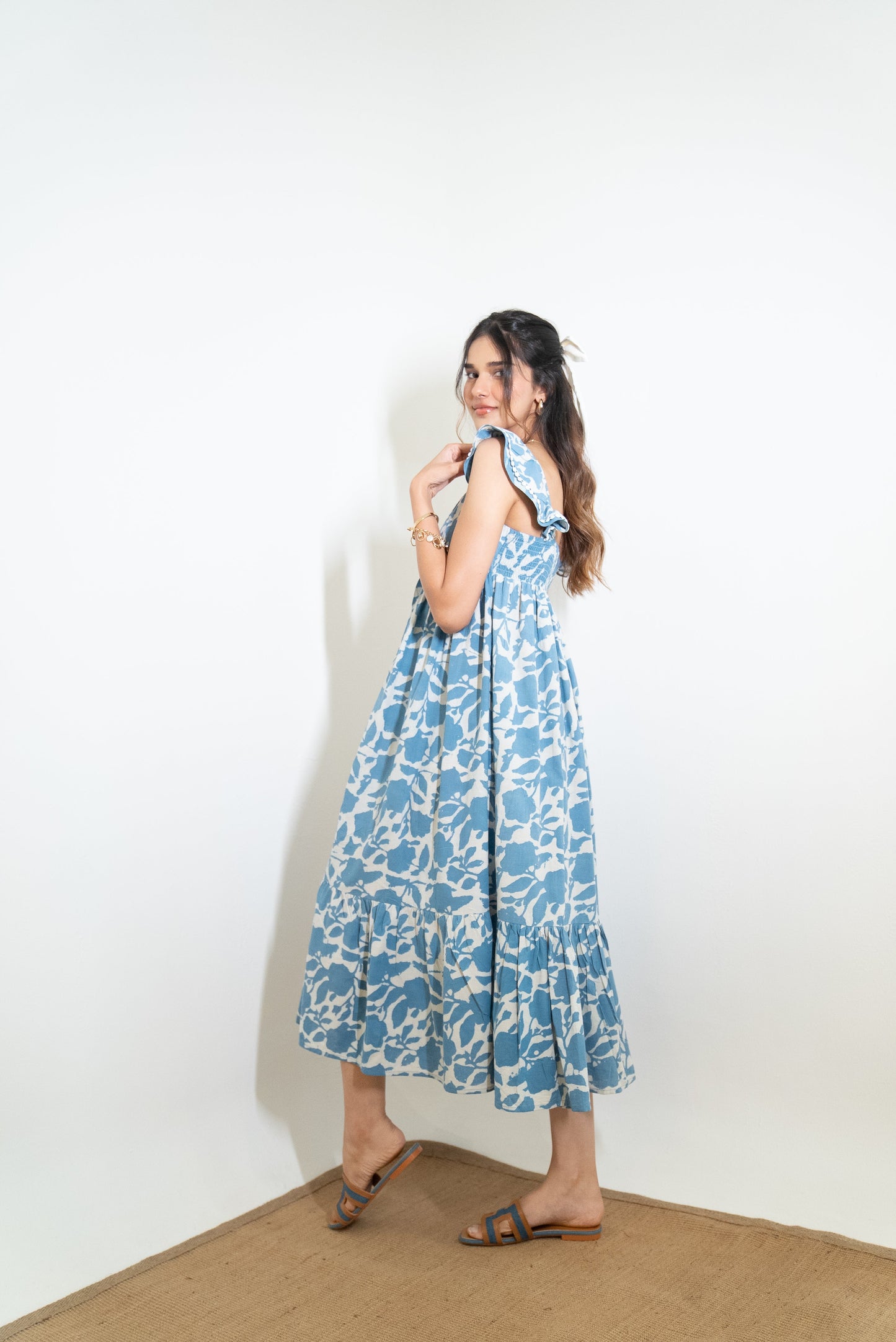 Powder Blue Floral Hand-Block Printed Cotton Maxi Dress with Pocket