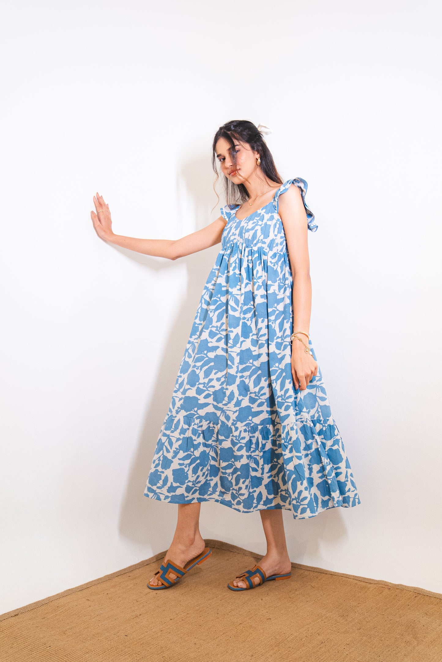 Powder Blue Floral Hand-Block Printed Cotton Maxi Dress with Pocket