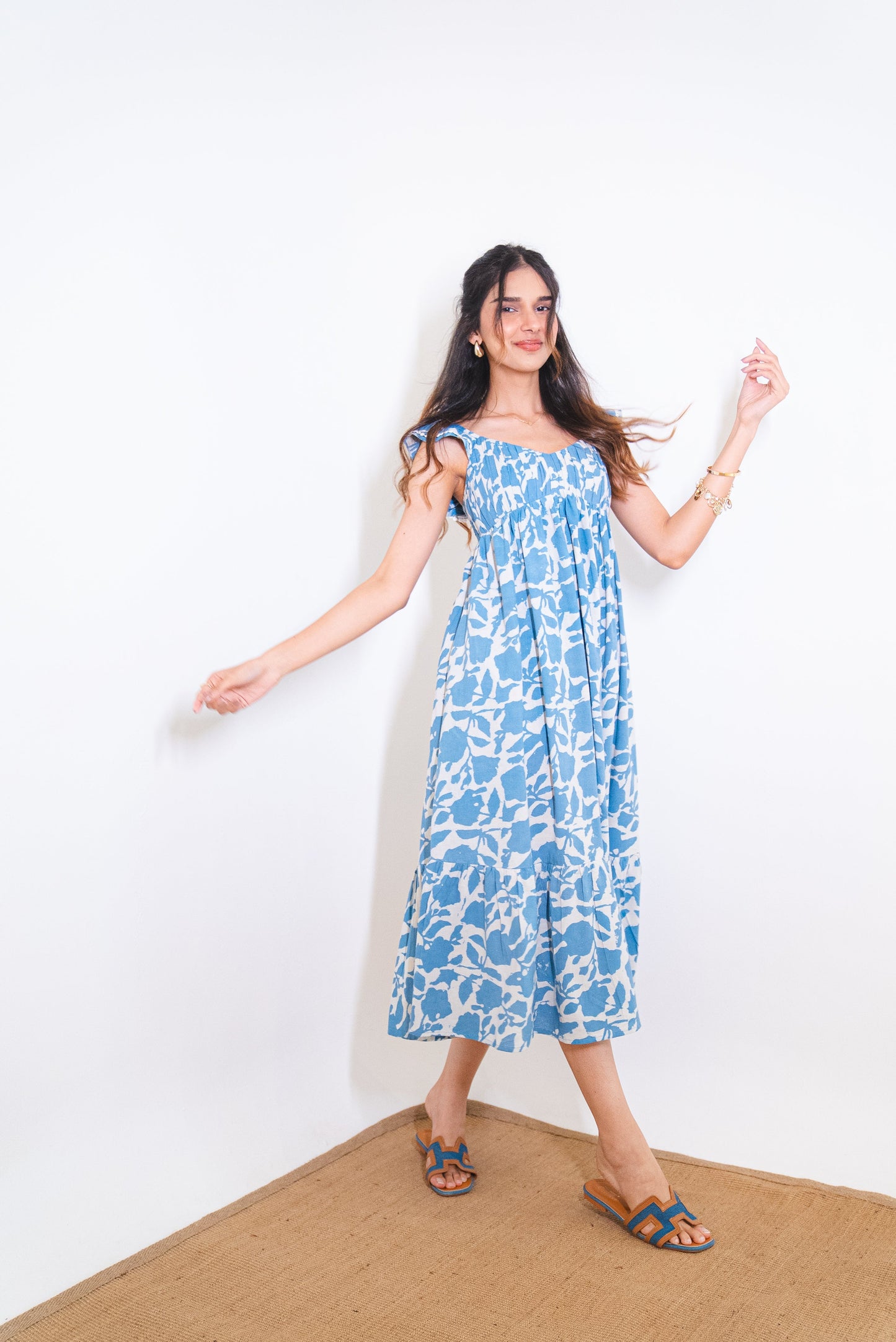 Powder Blue Floral Hand-Block Printed Cotton Maxi Dress with Pocket