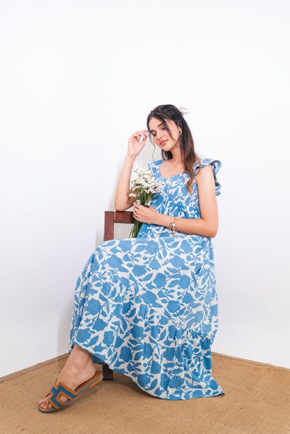 Powder Blue Floral Hand-Block Printed Cotton Maxi Dress with Pocket