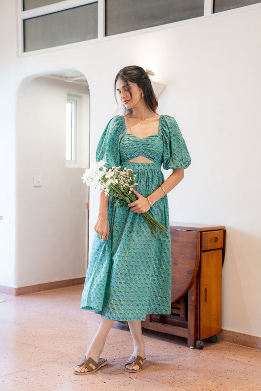 Green and Blue Floral Maxi Dress in Cotton with Pocket