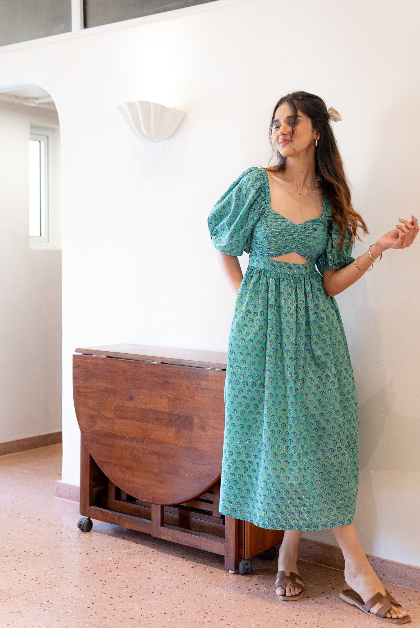 Green and Blue Floral Maxi Dress in Cotton with Pocket