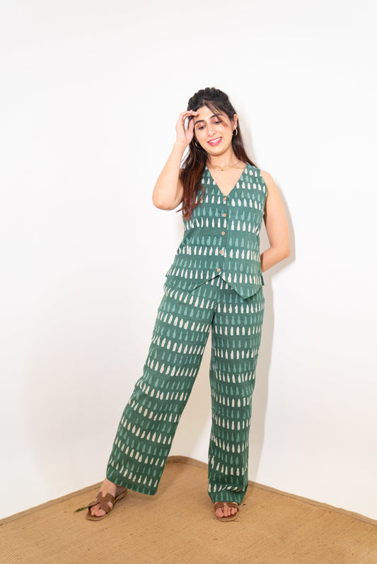 Green Vest and Pant Cotton Hand-Block Set