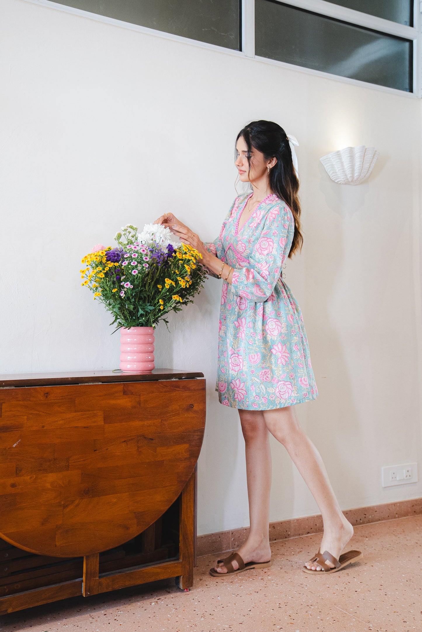 Floral Print Cotton Dress with Sleeves and Back Bow Tie-up with Pocket