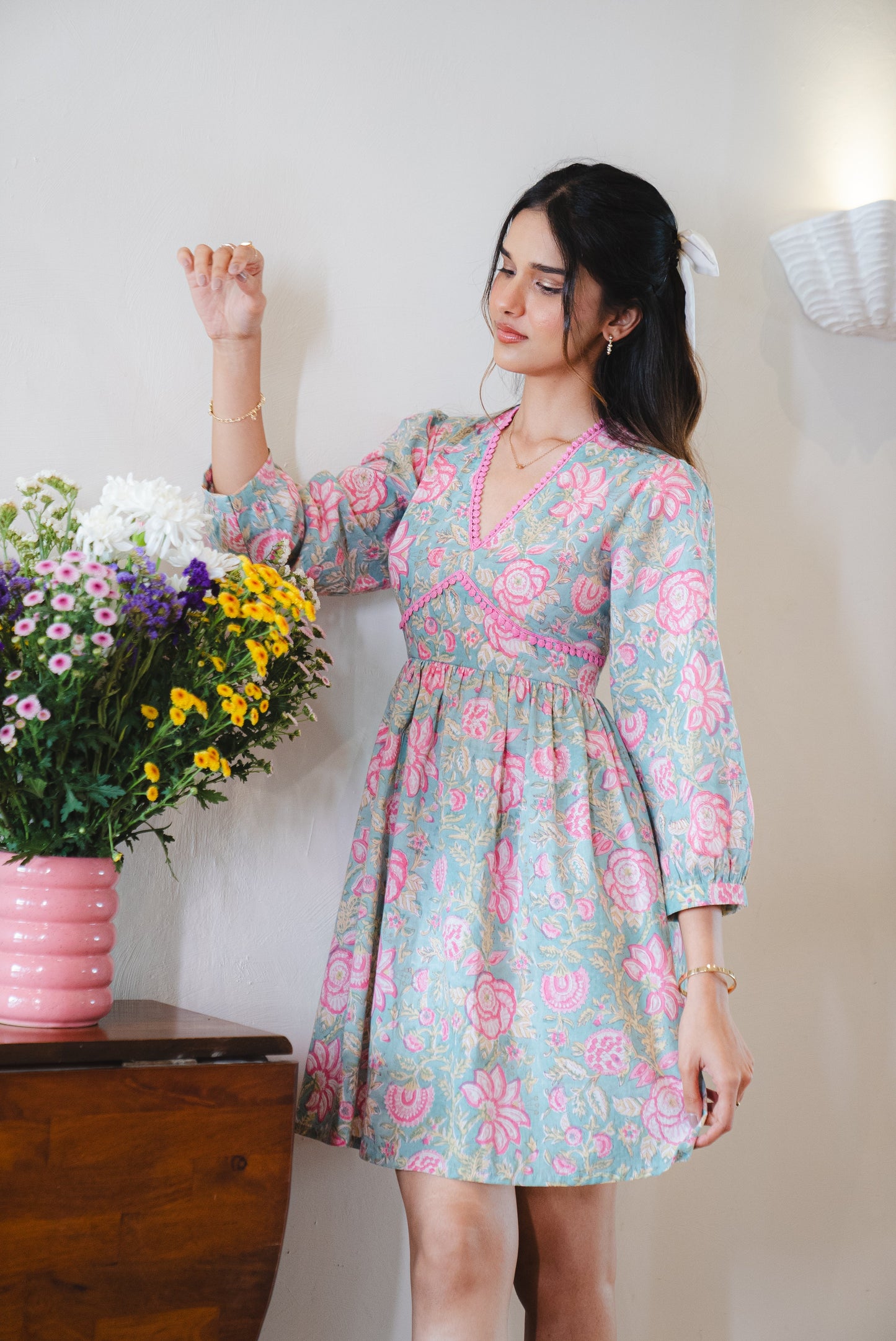 Floral Print Cotton Dress with Sleeves and Back Bow Tie-up with Pocket