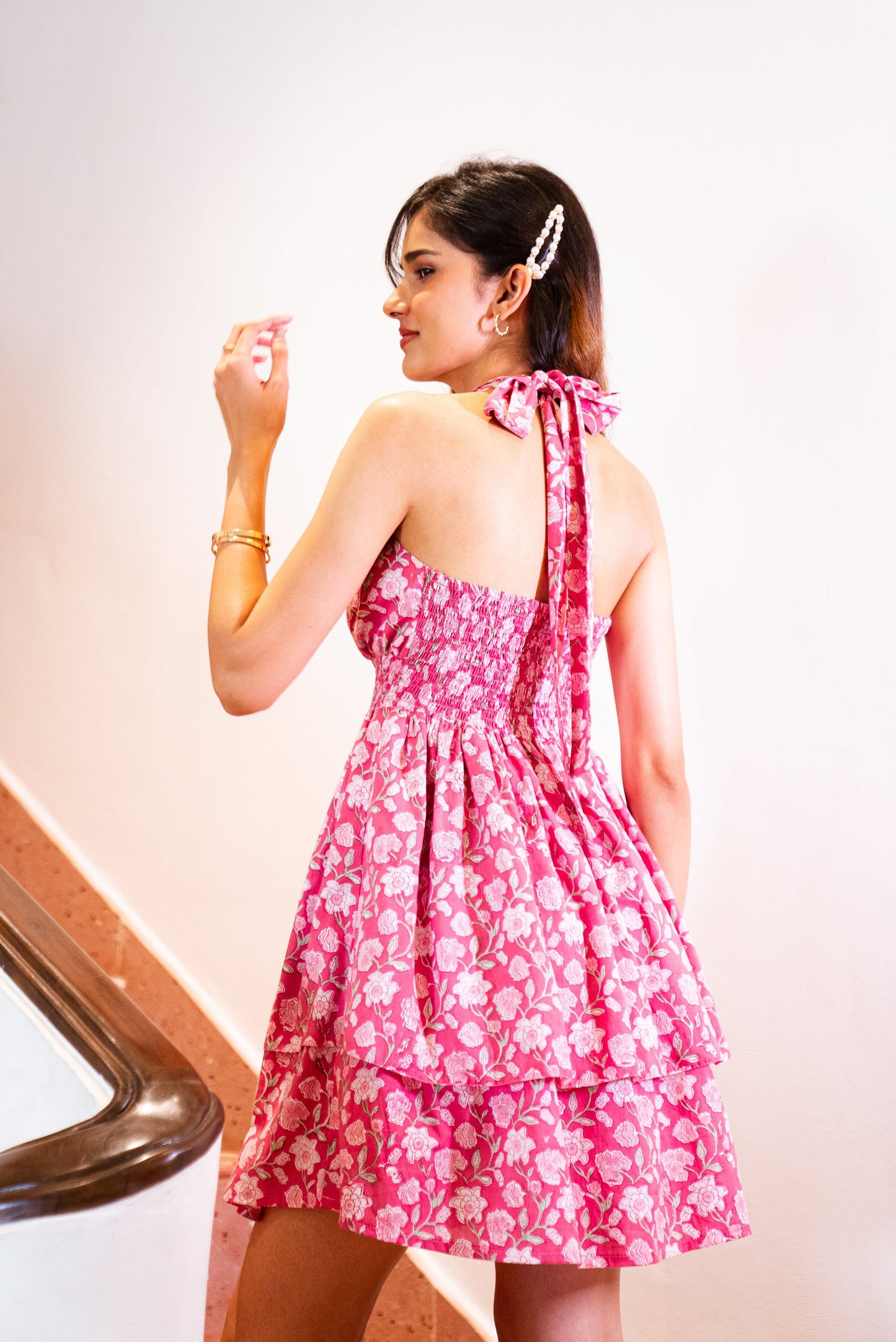 Pink Halter Neck Cotton Two Tier Dress