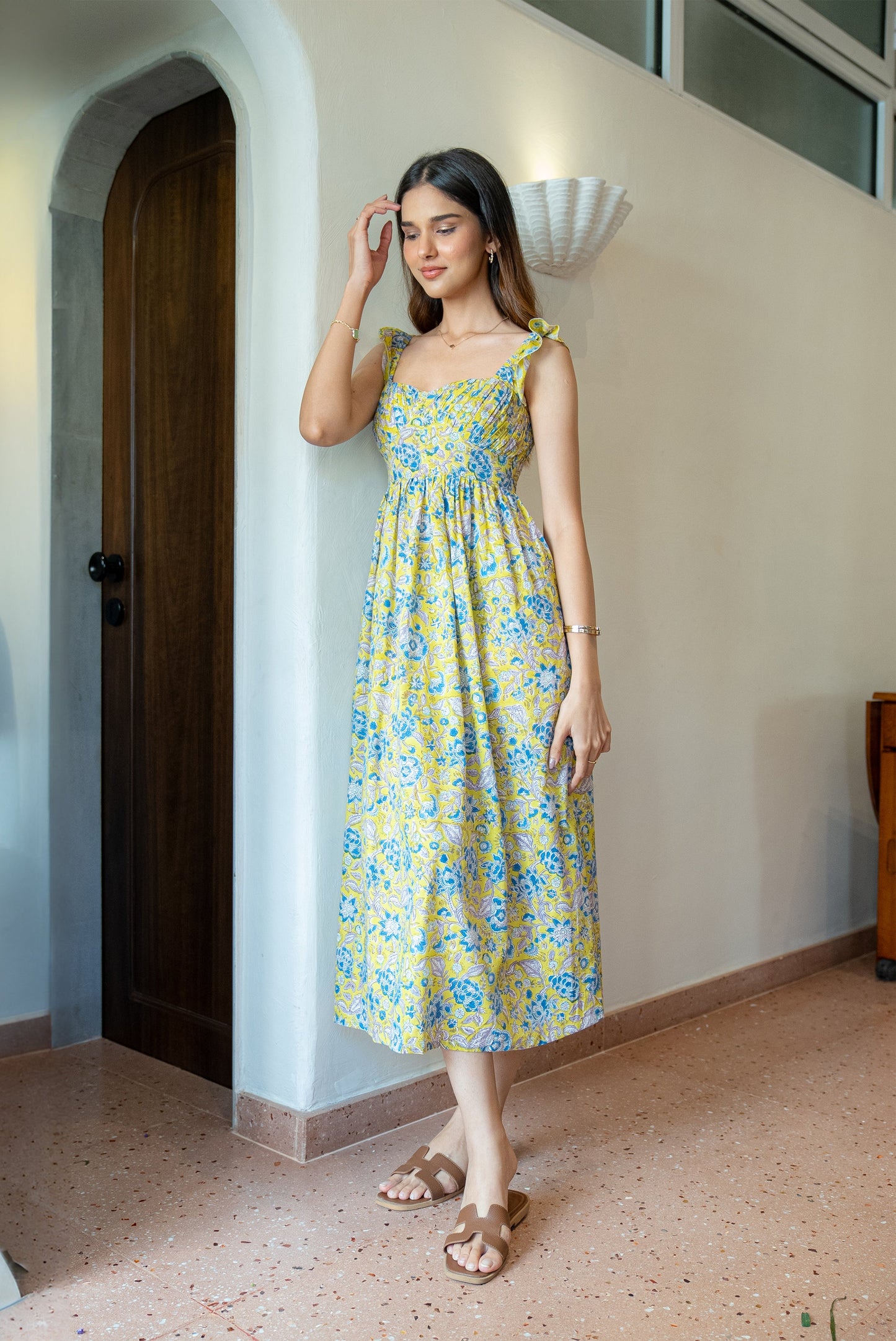 Yellow and Blue Floral Hand-Printed Cotton Maxi Dress with Pocket