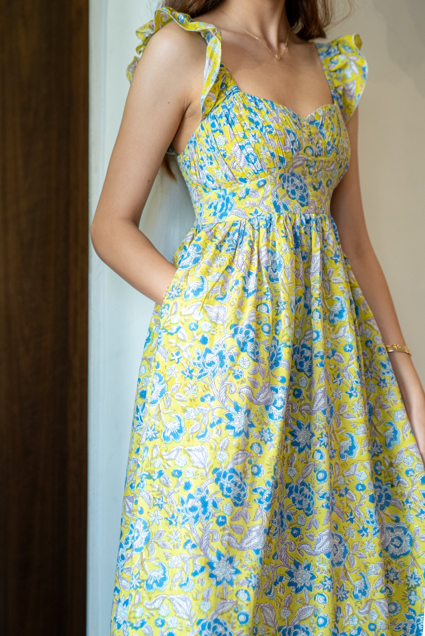 Yellow and Blue Floral Hand-Printed Cotton Maxi Dress with Pocket