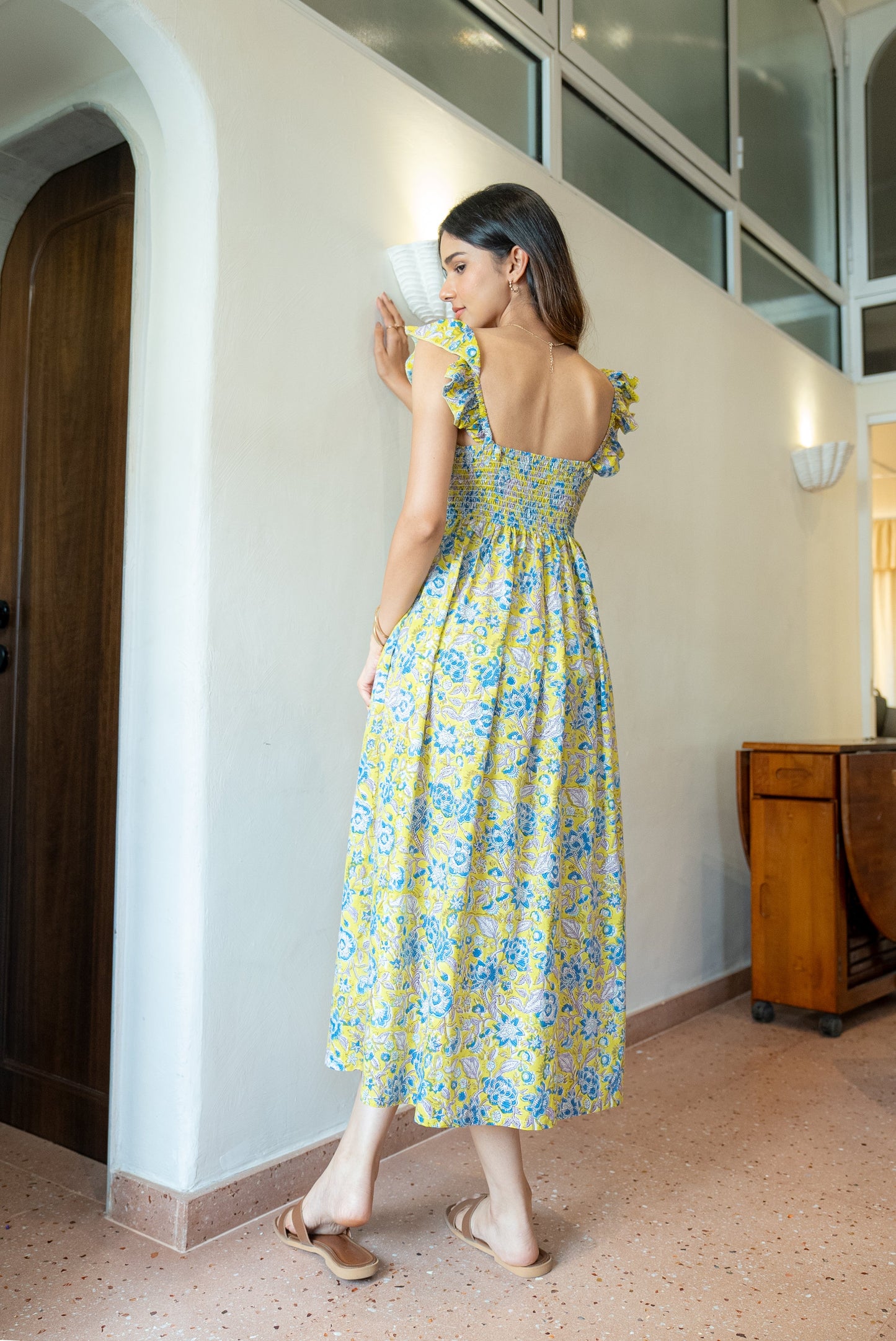 Yellow and Blue Floral Hand-Printed Cotton Maxi Dress with Pocket