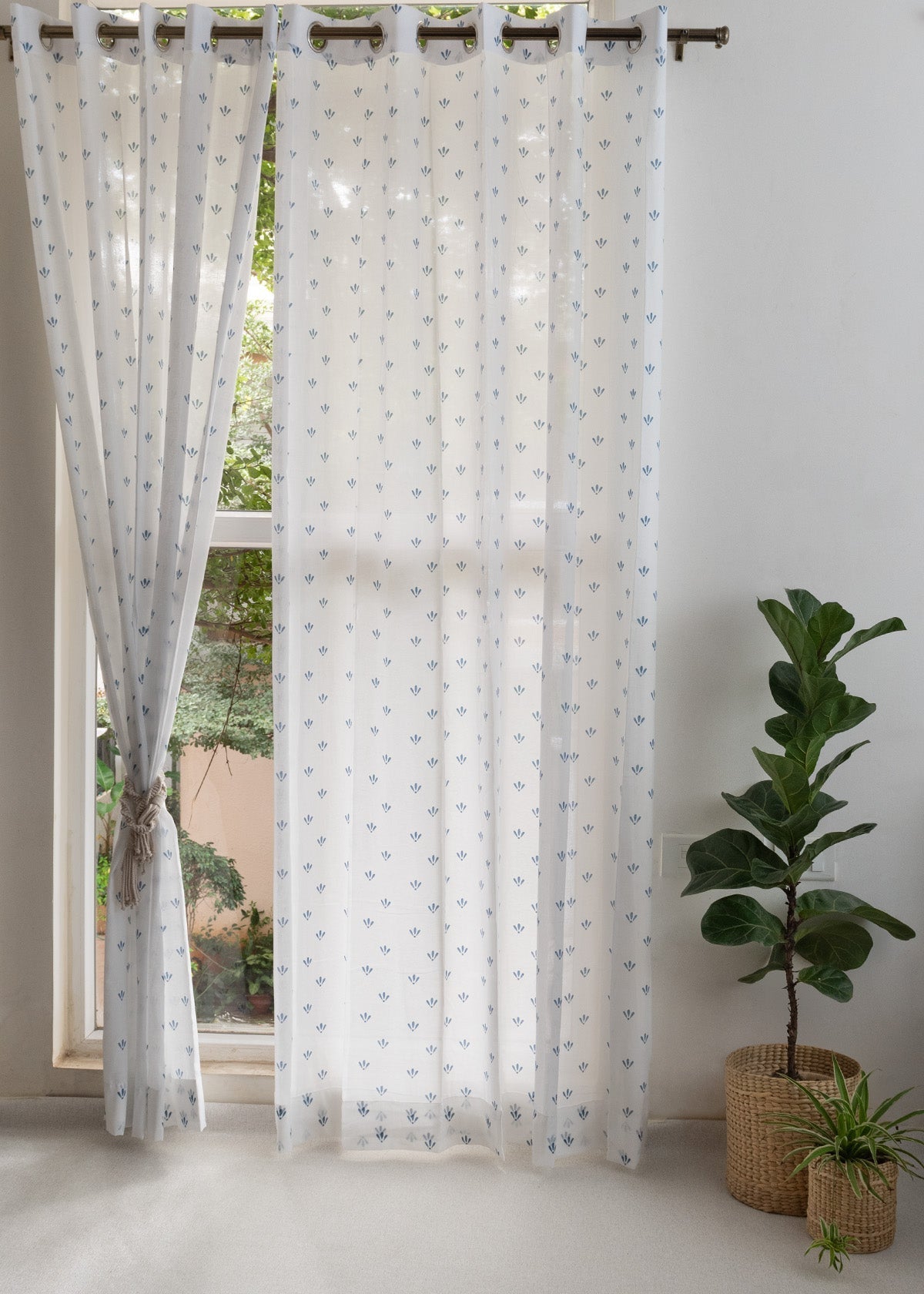 Light Filtering - Indigo Aniseed Floral Cotton Sheer Curtain