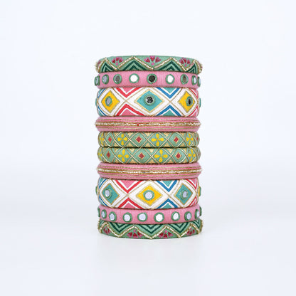 Tritha Green & Pink Mirror Work Bangle Set