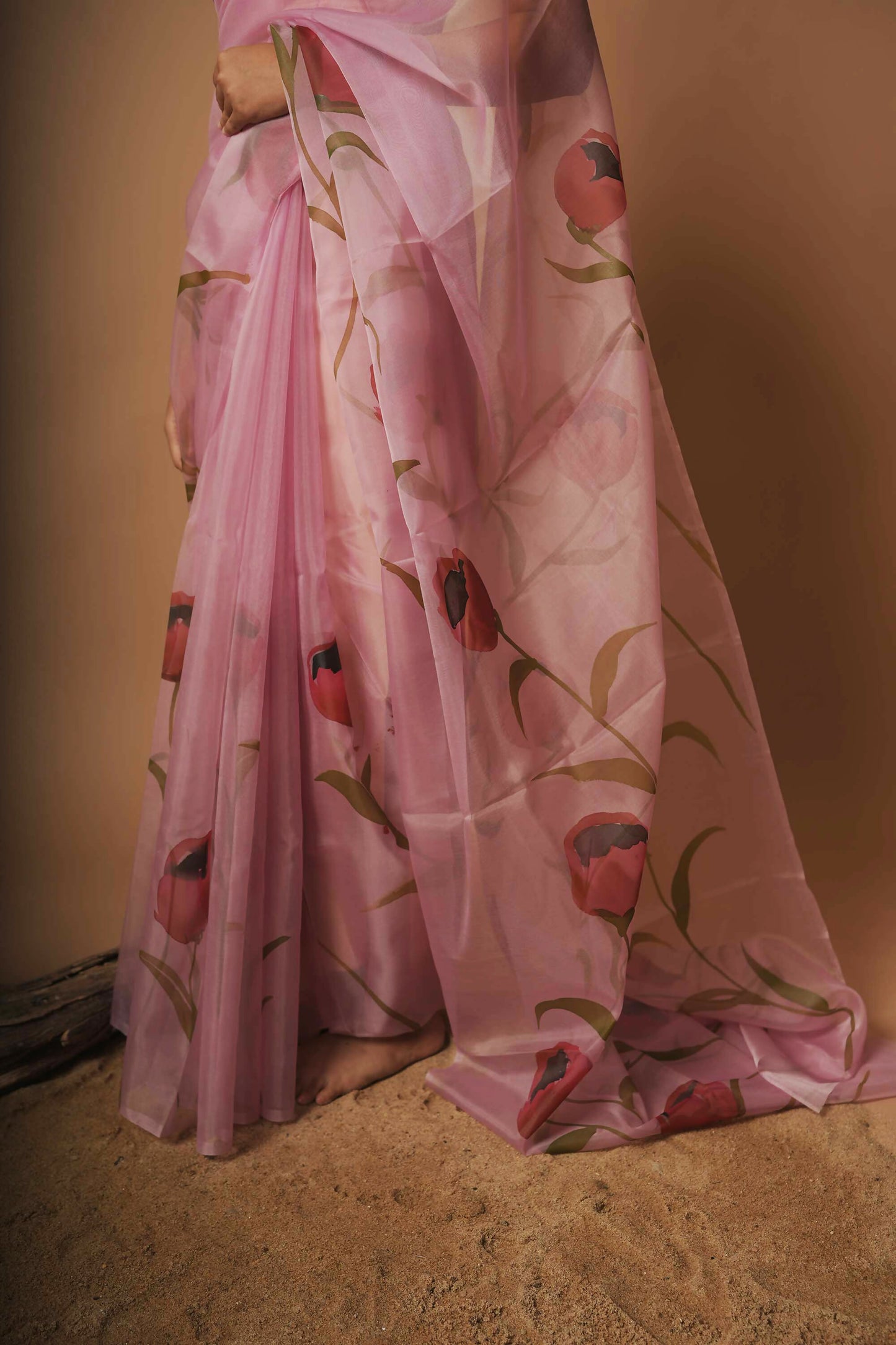 Rose Blush | Lavender Floral Handpainted Organza Saree