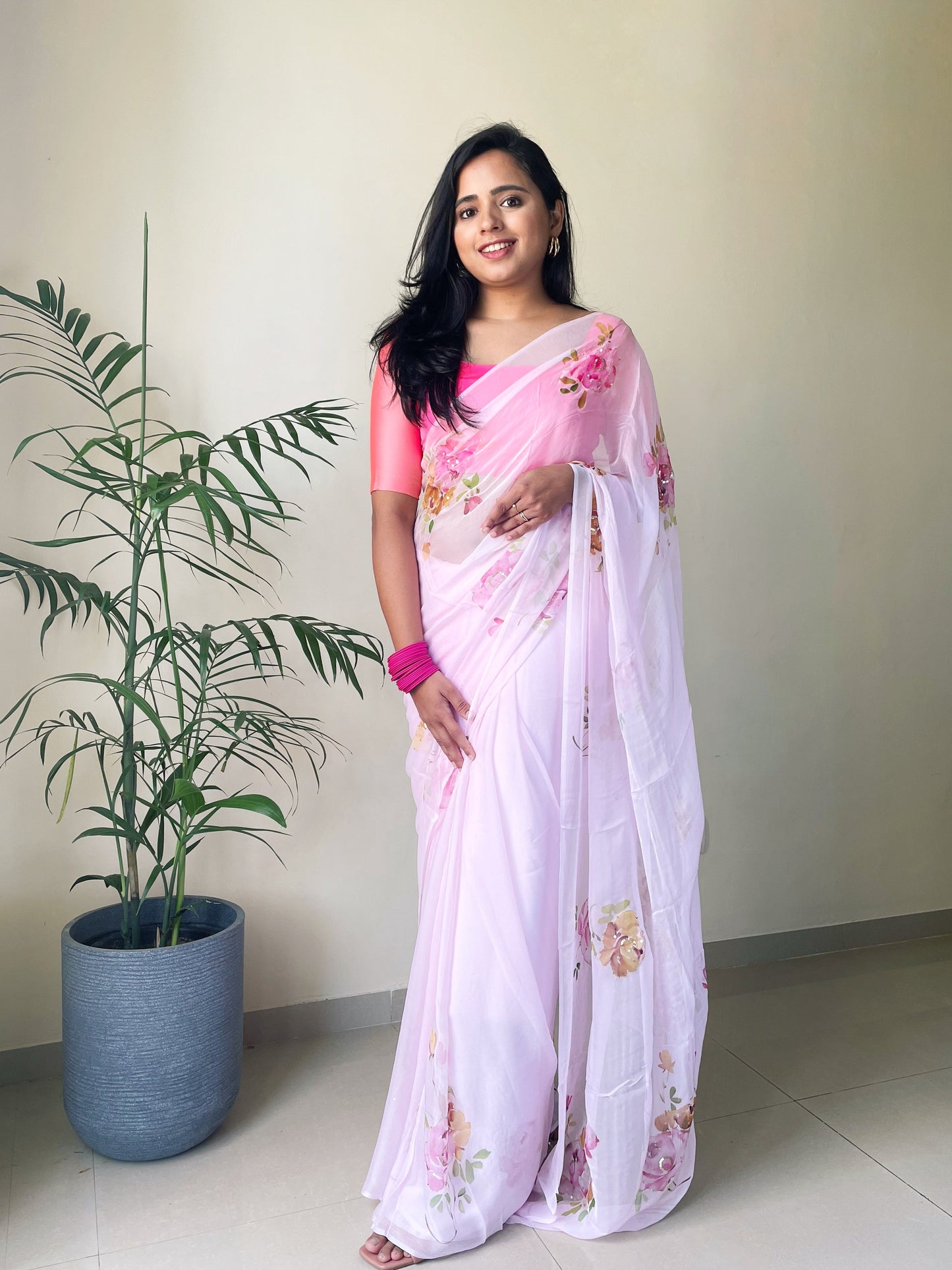 Rose Handpainted Chiffon Saree