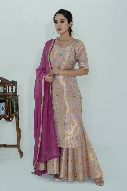 Meera Banarasi Silk Brocade Gharara Set - Lavender