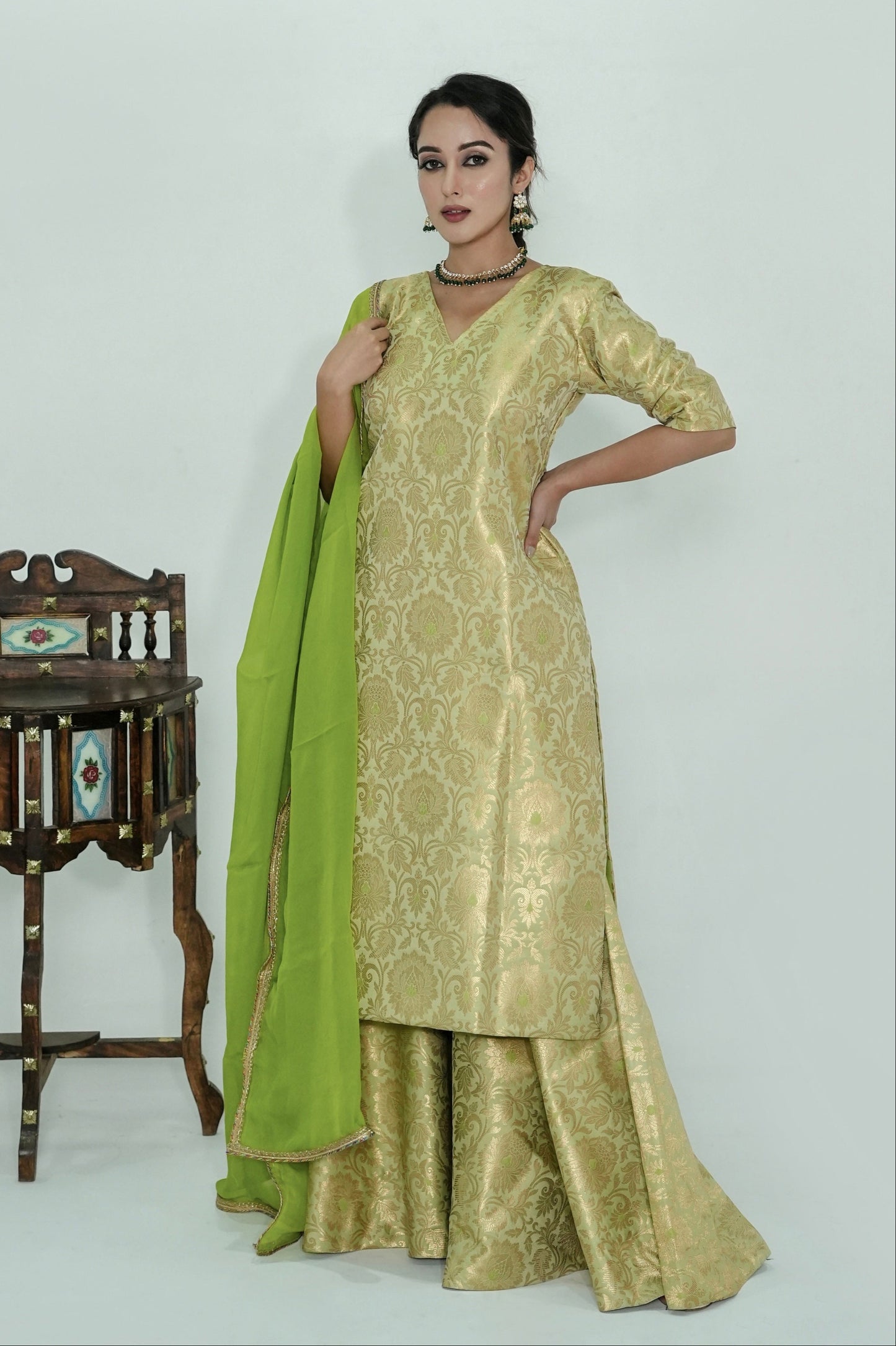 Meera Banarasi Silk Brocade Gharara Set - Green