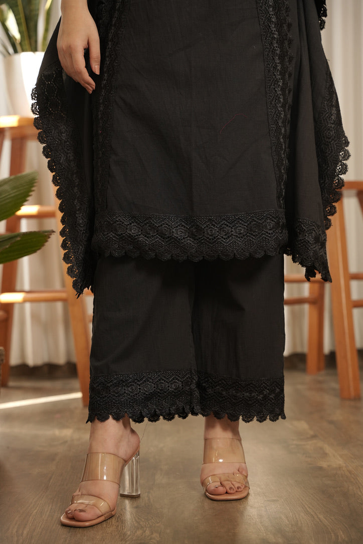 Kaaya Black Lace Work Cotton Kaftaan Set