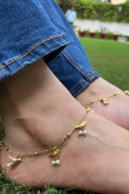 Gold Silver Hummingbird Anklet with Pearls