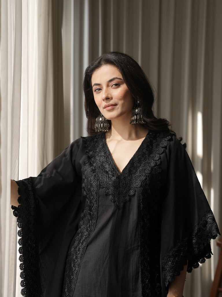 Kaaya Black Lace Work Cotton Kaftaan Set