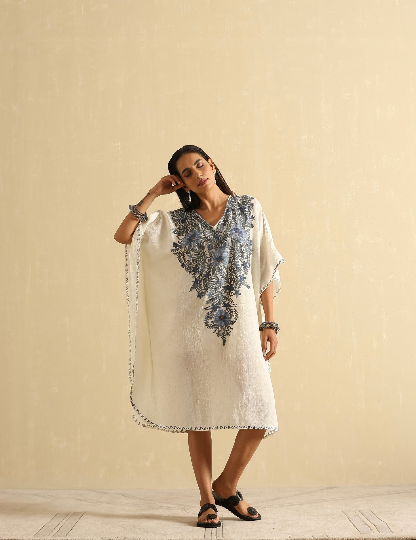 Pearl White Aari Embroidered Kashmiri Kaftan- Short