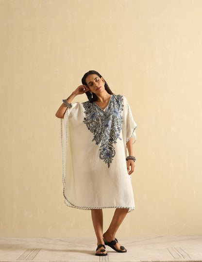 Pearl White Aari Embroidered Kashmiri Kaftan- Short