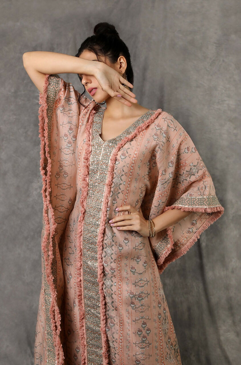 Green/Peach Kaftan Set With Embroidered Pants