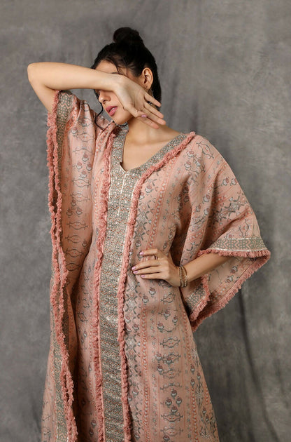 Green/Peach Kaftan Set With Embroidered Pants