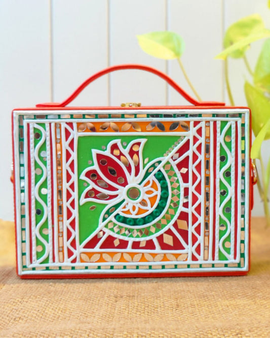 Green Lotus Rectangle Box Bag Lippan Art Handcrafted